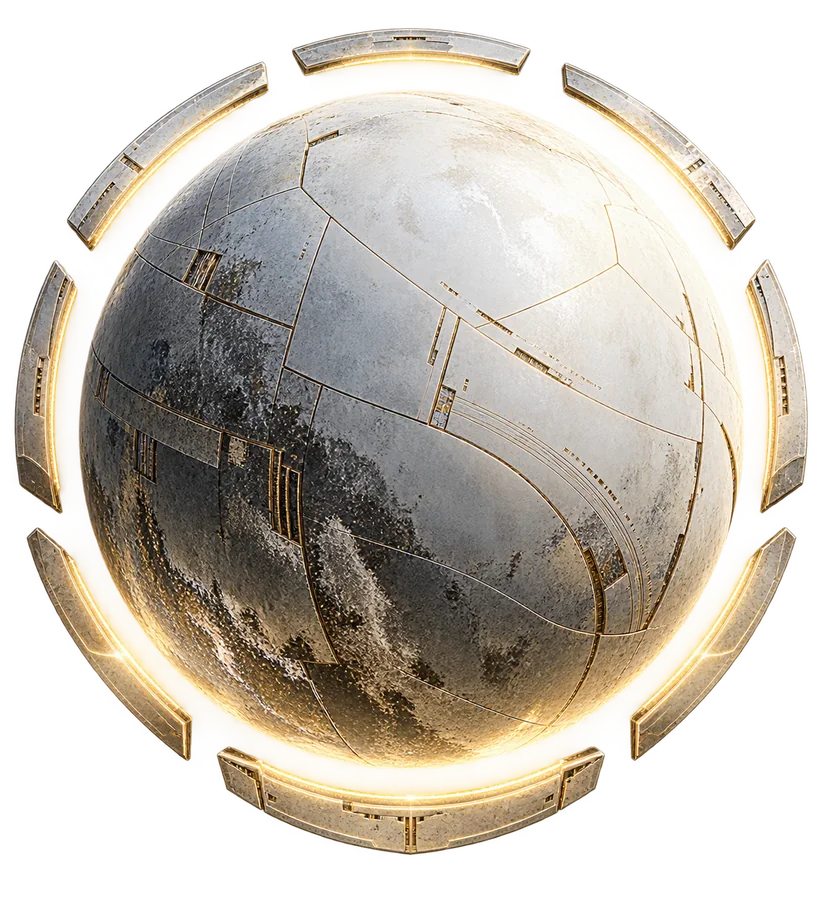 A pale geometric sphere with weathered silver panels and a segmented golden halo